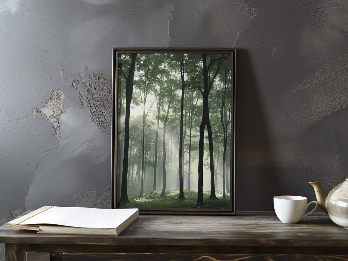 Corot-Inspired Sunlit Misty Forest with Glowing Light Beams Poster