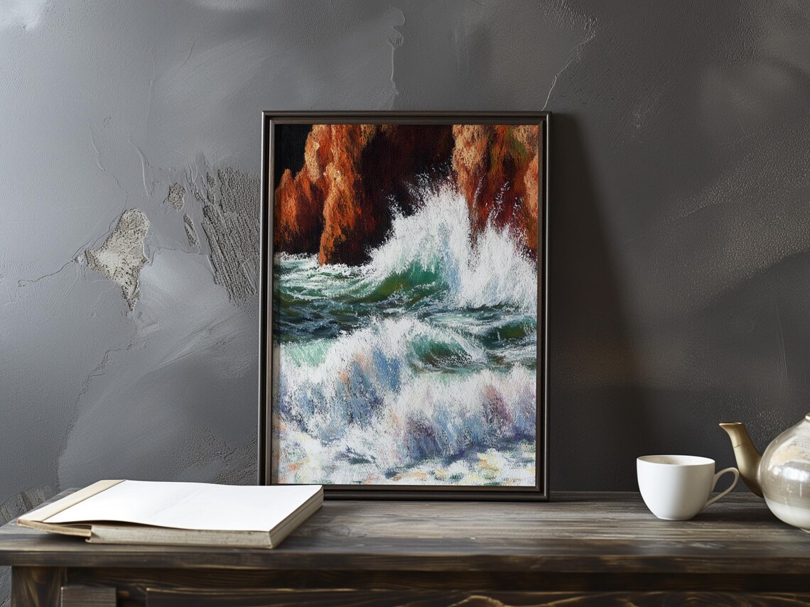 White Surf Crashing at the Foot of Tall Red Cliffs Seascape Poster