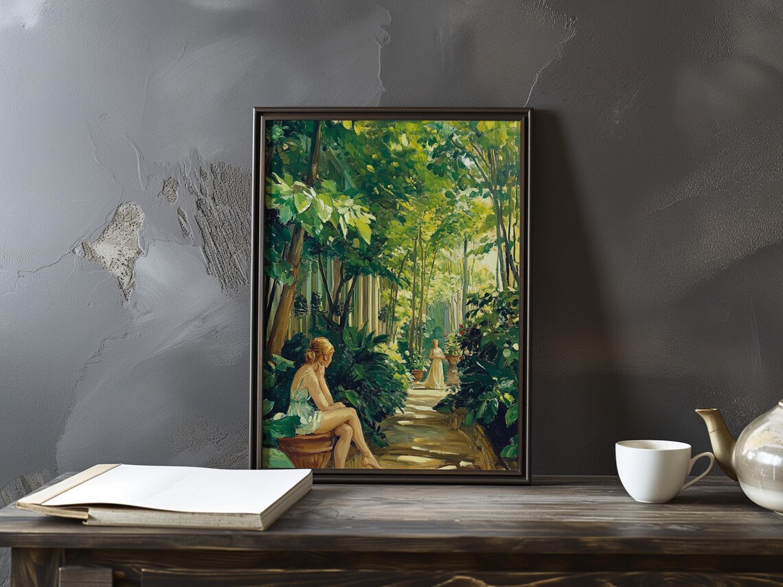 Woman Seated on a Barrel in a Leafy Conservatory Garden Art Poster