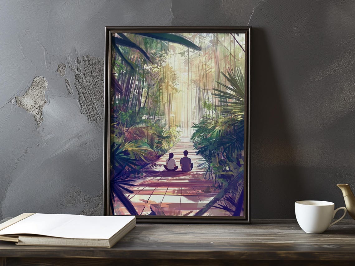 Couple on a Boardwalk through a Sunlit Tropical Jungle Poster