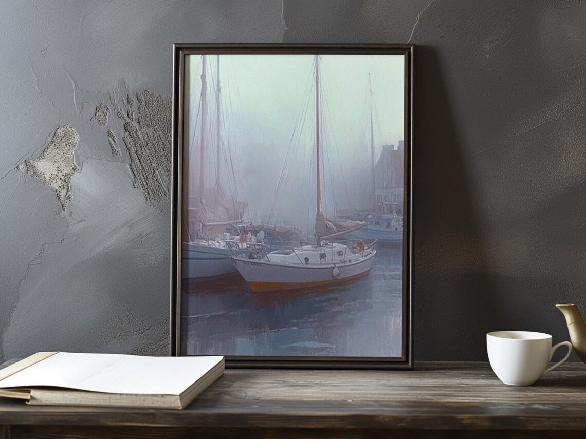 Two Sailboats Moored in a Foggy Grey Harbour Morning Scene Poster