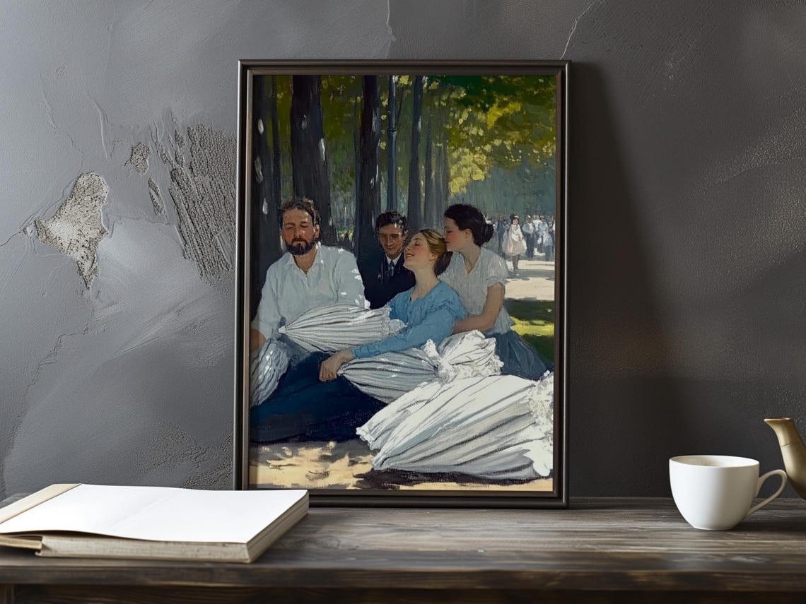 Picnic Group Resting Together Under Tall Trees In Dappled Shade Poster