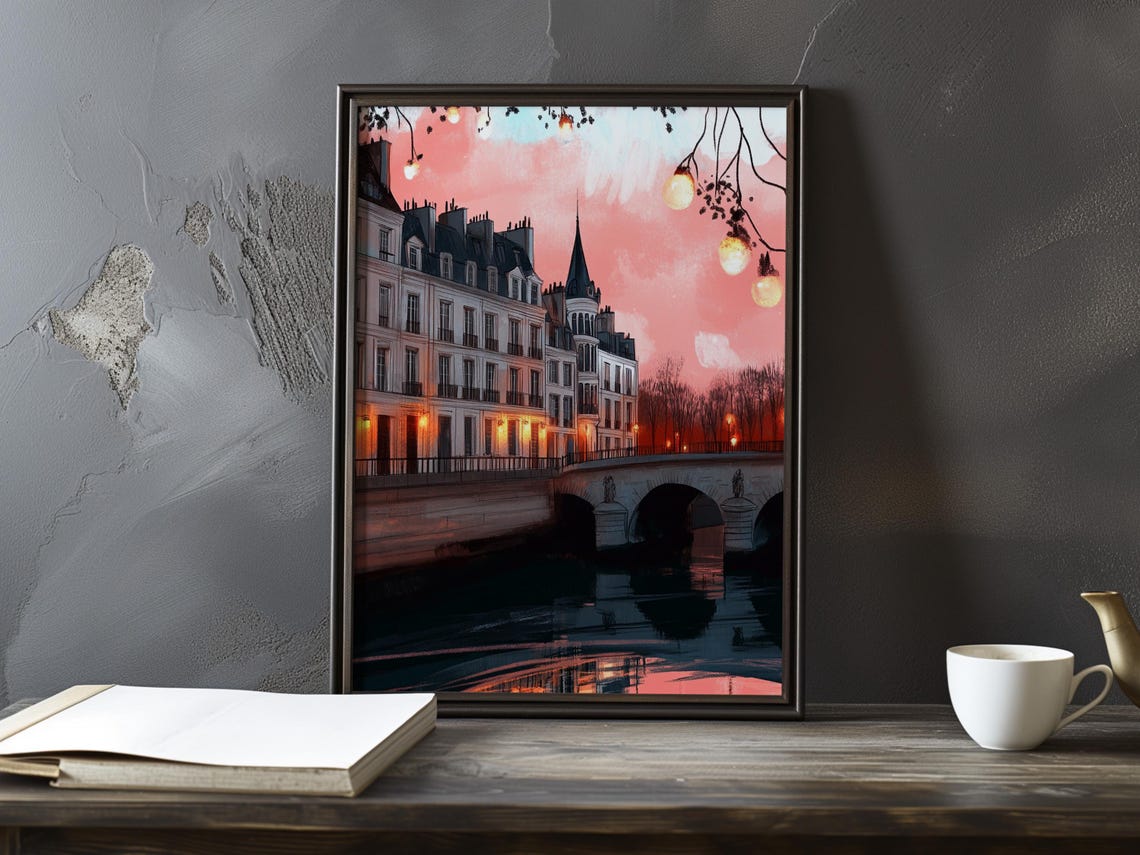 Seine Bridge at Dusk Draped in String Lights Under Pink Skies Poster