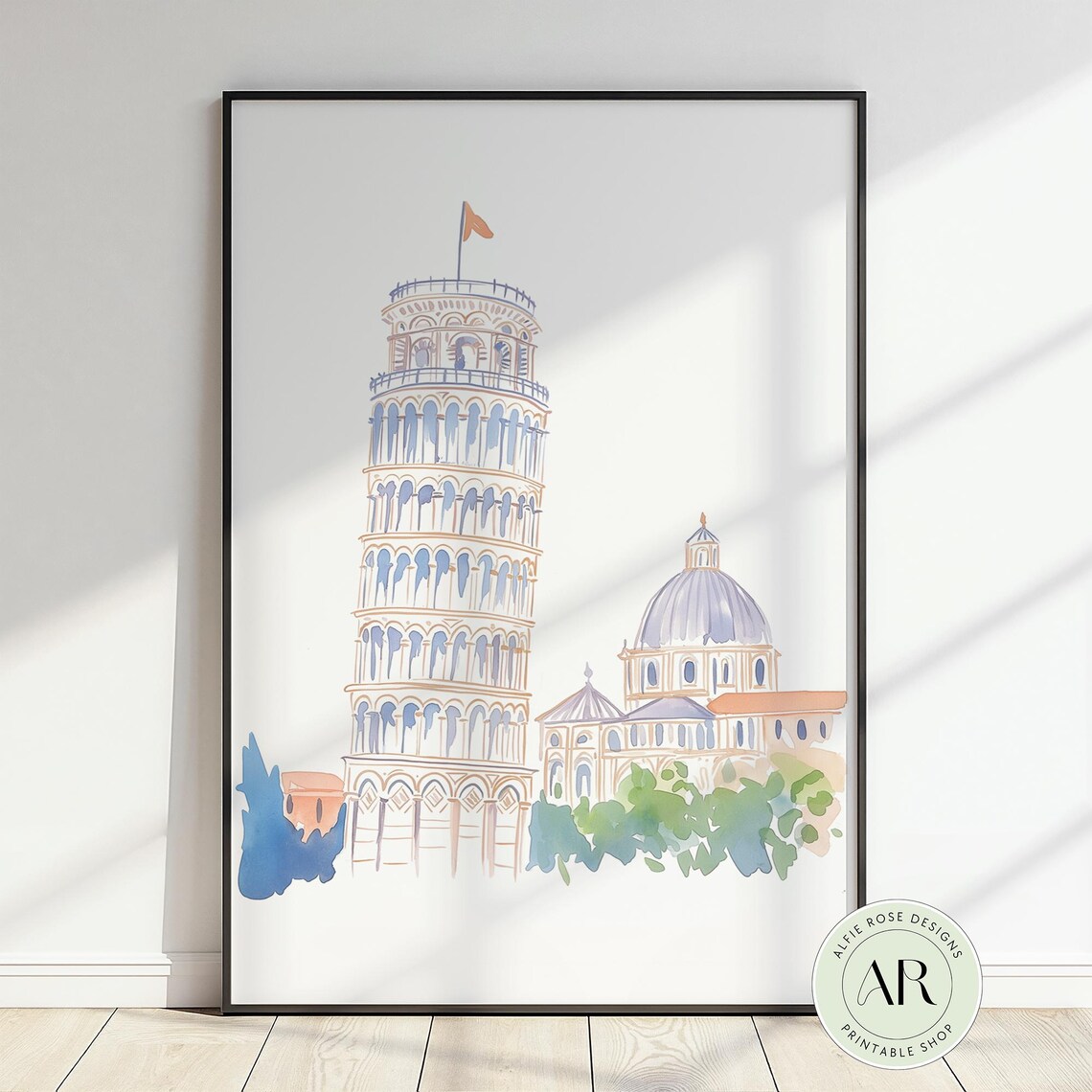 Leaning Tower of Pisa Watercolor Sketch Italy Travel Wall Art