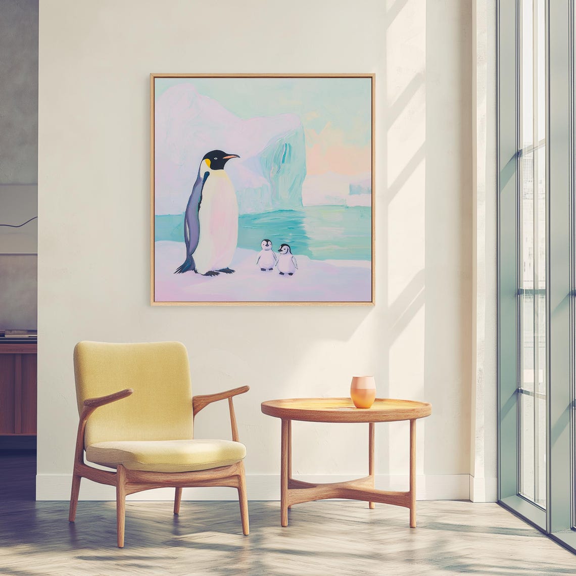 Penguin Family with Two Chicks Pastel Arctic Ice Art Wall Poster