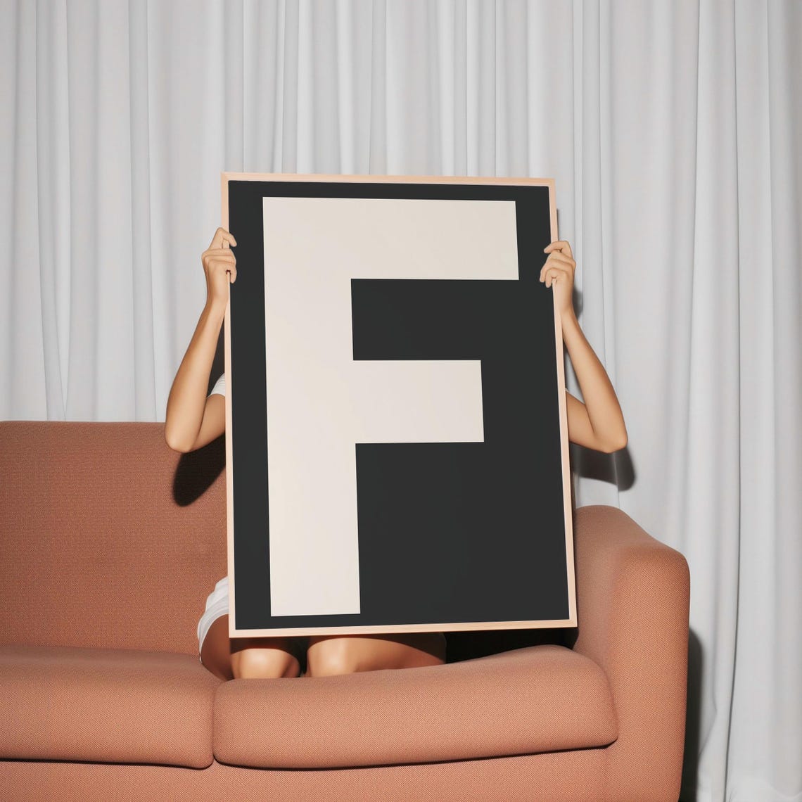 Letter F Bold Monogram Cream on Black Minimalist Initial Poster