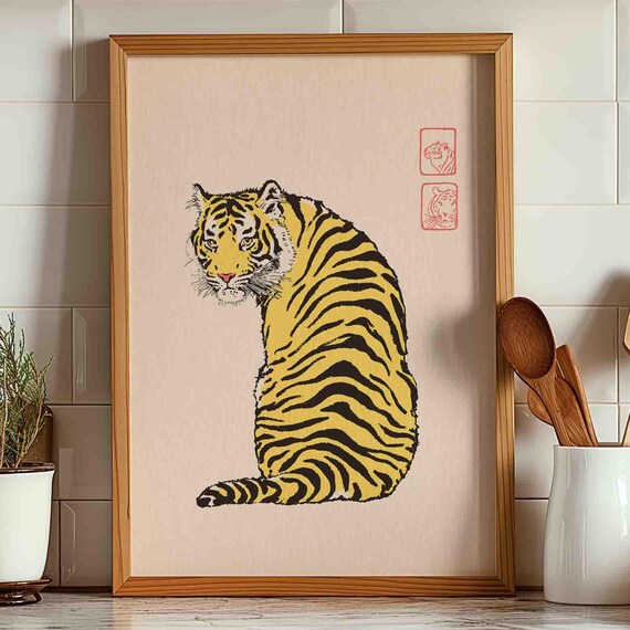 Japanese Tiger With Red Seal Stamps Soft Beige Minimalist Wall Art