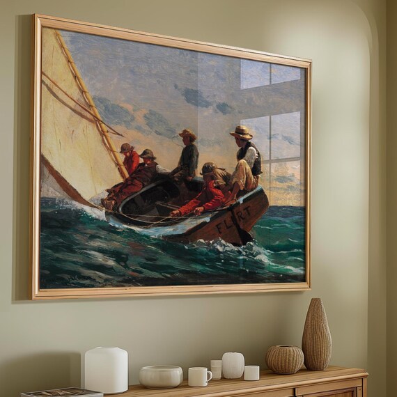 Classic Sailing Boat Crew Ocean Waves Vintage Oil Painting Poster