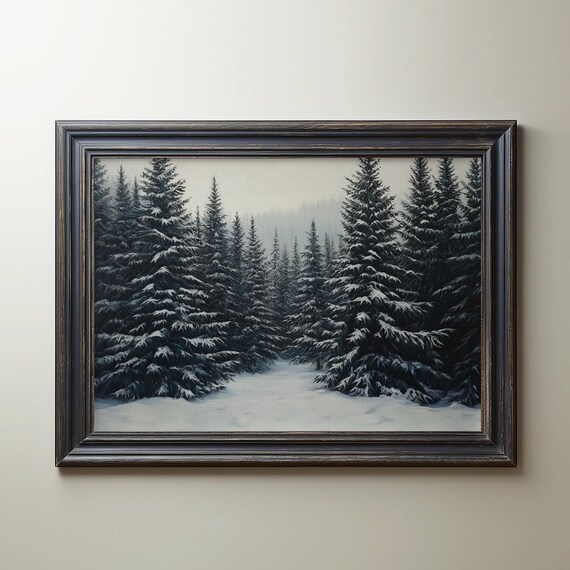 Winter Pine Forest Rustic Snowy Landscape Painting Dark Farmhouse Poster