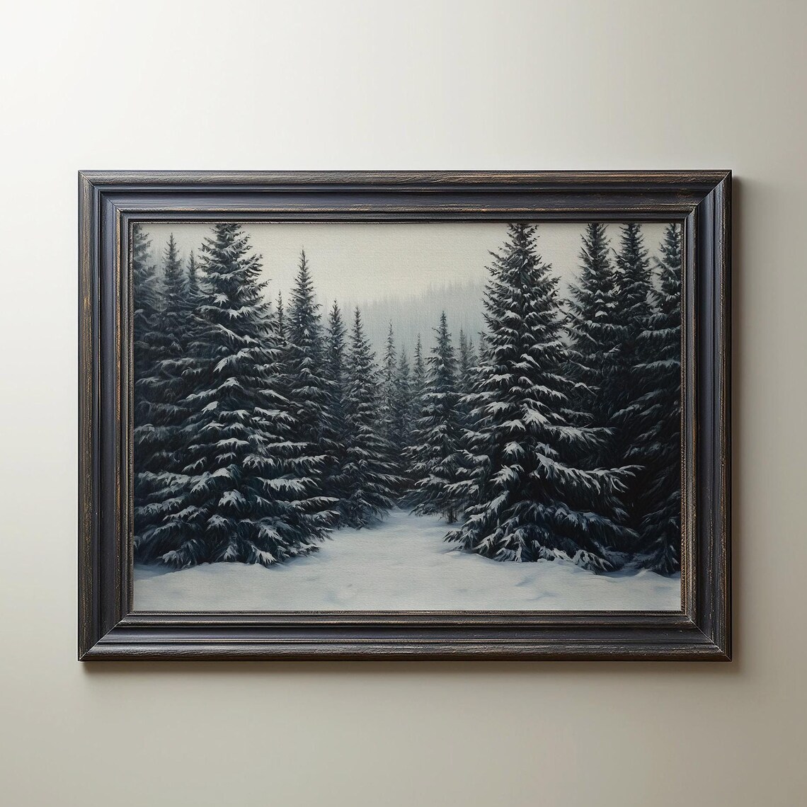 Winter Pine Forest Rustic Snowy Landscape Painting Dark Farmhouse Poster