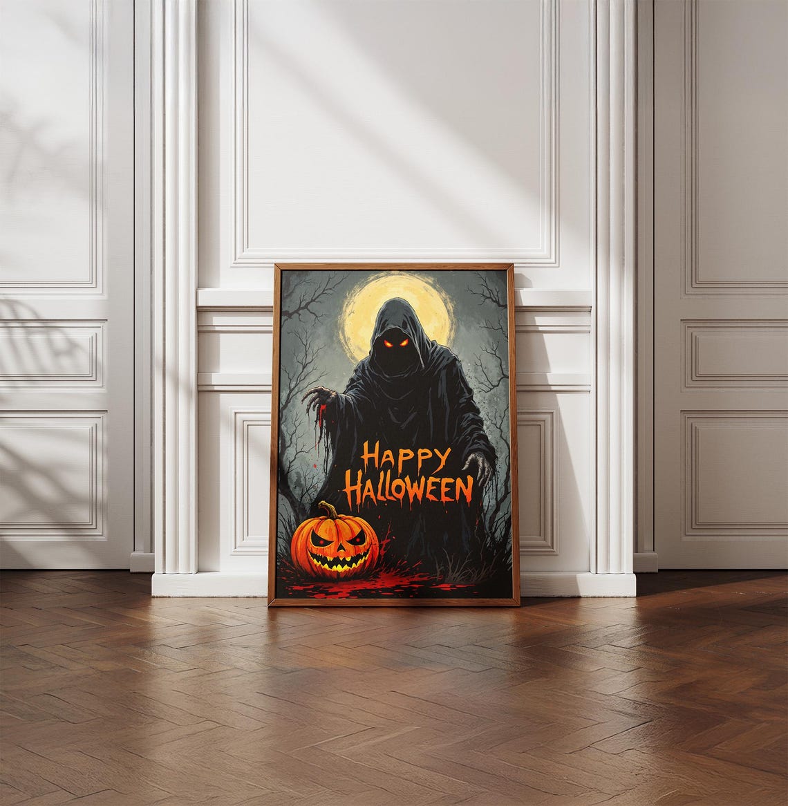 Happy Halloween Hooded Grim Reaper Jack-O-Lantern Night Art Poster