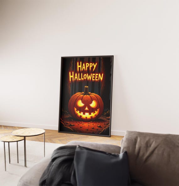 Happy Halloween Glowing Jack-O-Lantern Dark Spooky Forest Scene Poster