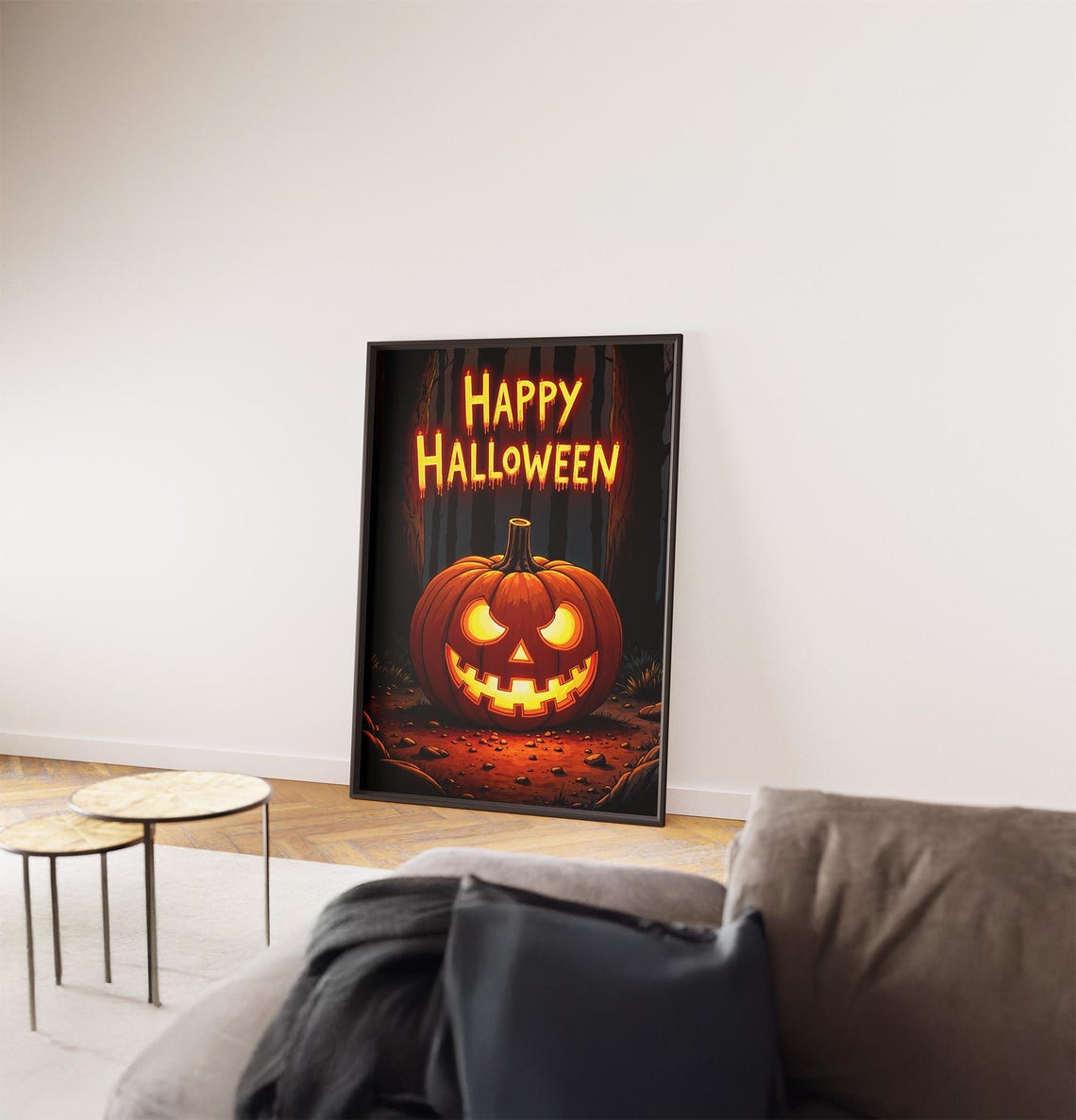 Happy Halloween Glowing Jack-O-Lantern Dark Spooky Forest Scene Poster