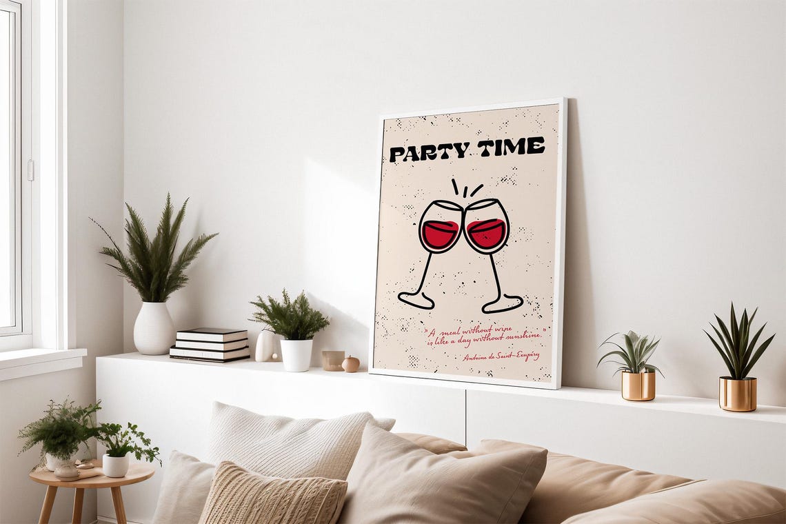 Party Time Clinking Wine Glasses Saint-Exupery Quote Bar Poster