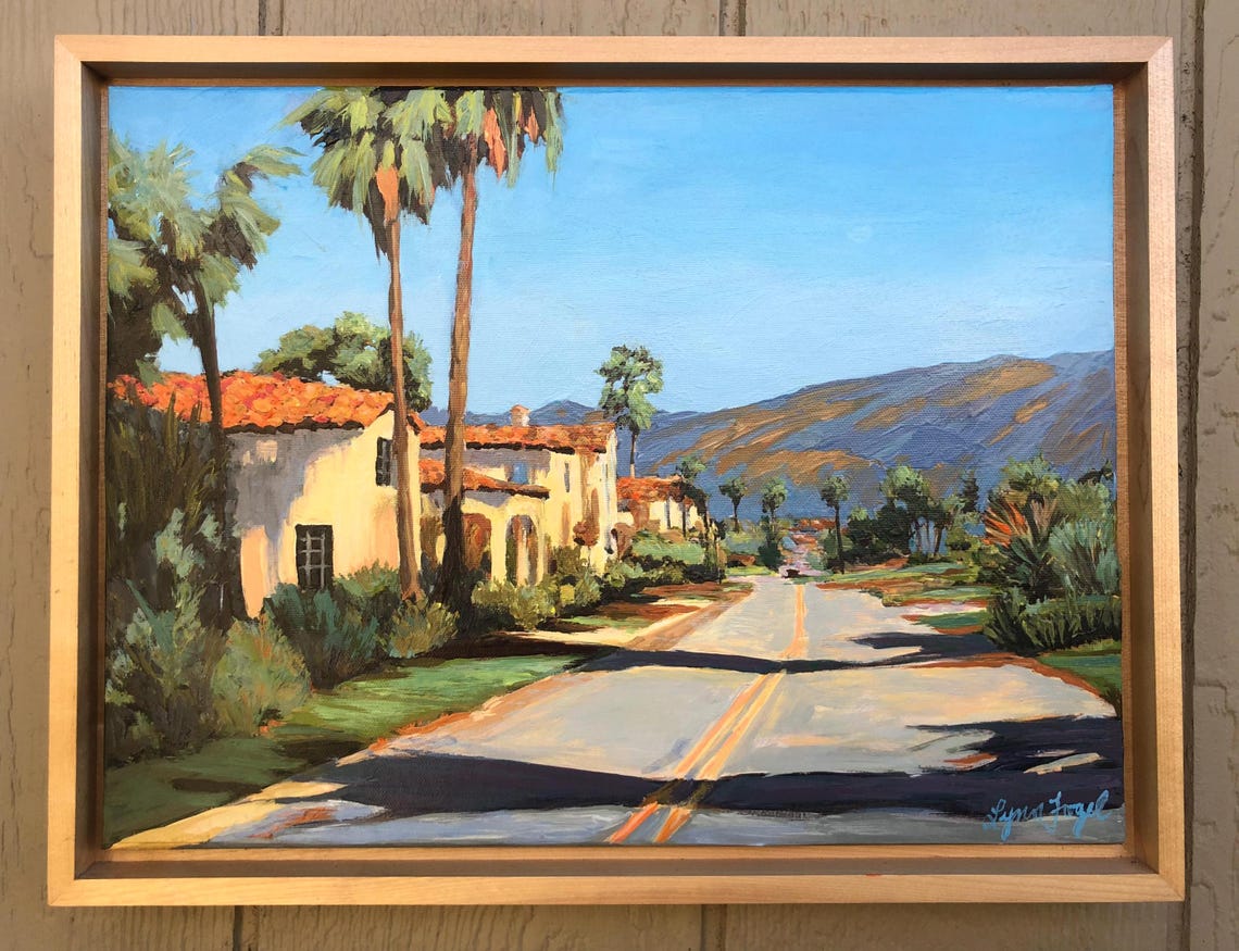 Santa Barbara Palm Street Red Tile Roofs Mountains Painting Poster