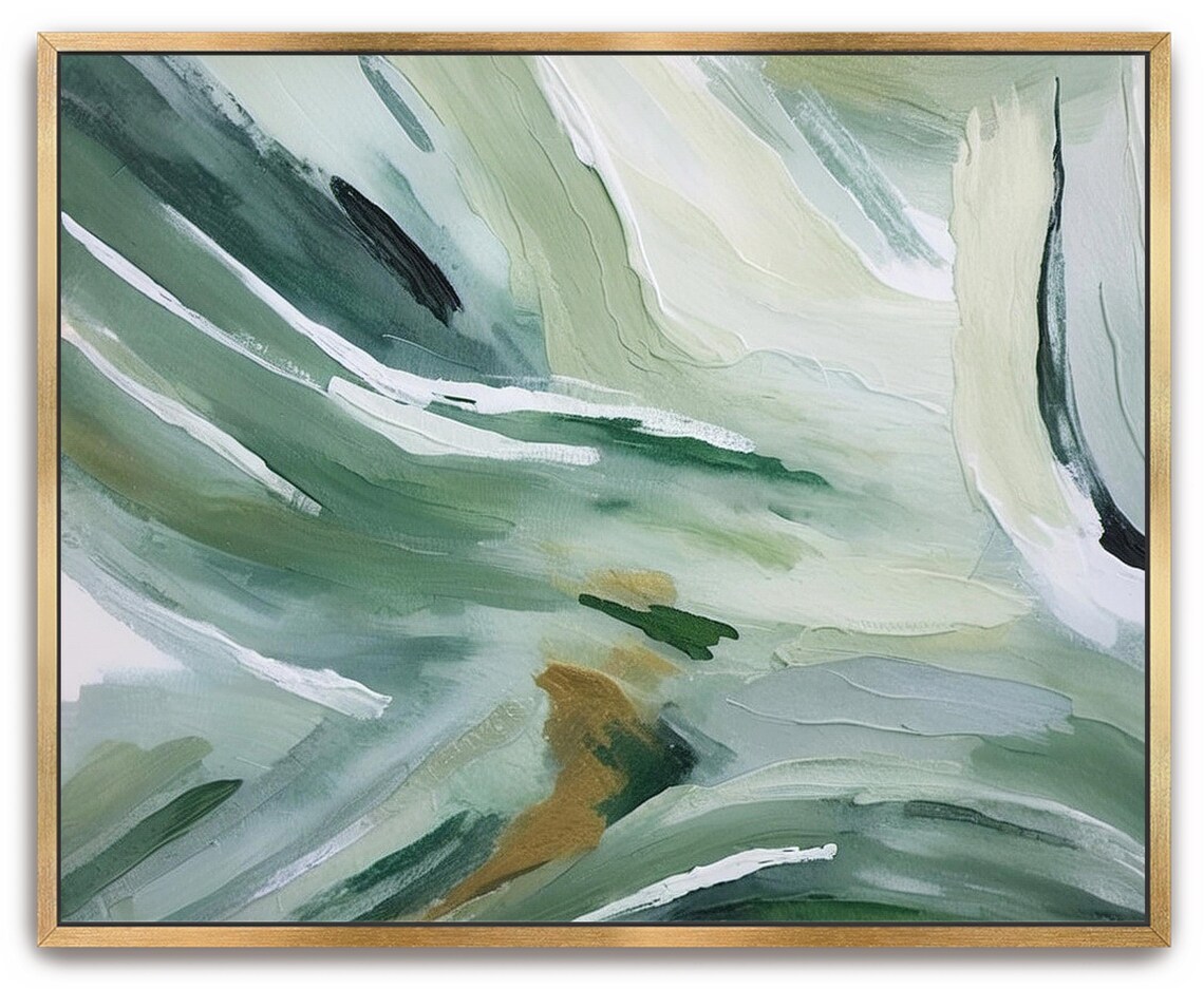 Hand Painted Abstract Acrylic Painting Large Artwork Wall Art Light Pastel Deep Olive Forest Green White Textured Framed Wall Decor - Image 5