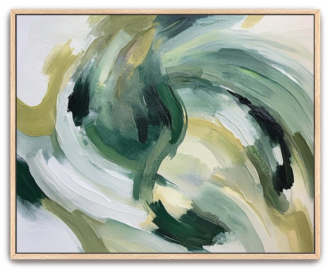 Hand Painted Abstract Acrylic Painting Large Artwork Wall Art Light Dark Olive Forest Green Neutral Beige White Framed Wall Decor - Image 3