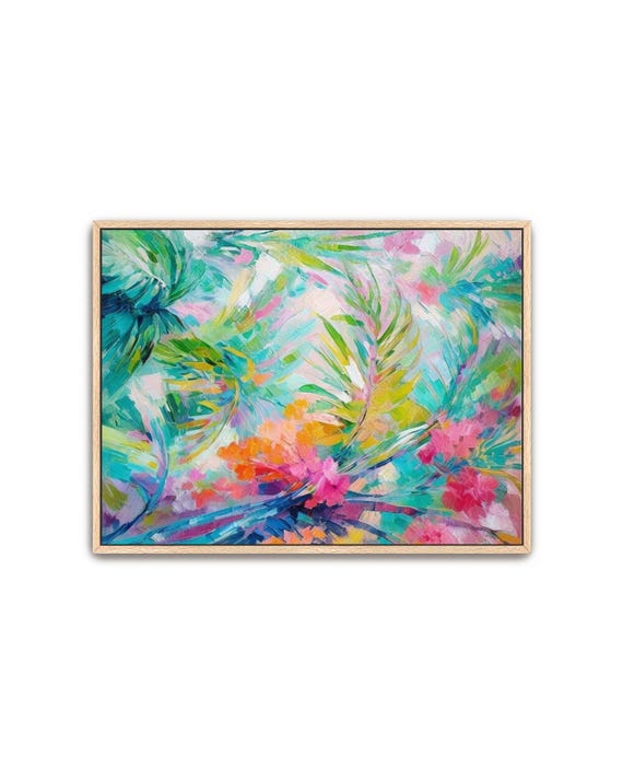 Hand Painted Abstract Art Acrylic Painting Large Wall Artwork Colorful Rainbow Blue Green Tropical Jungle Palm Leaves Framed Decor