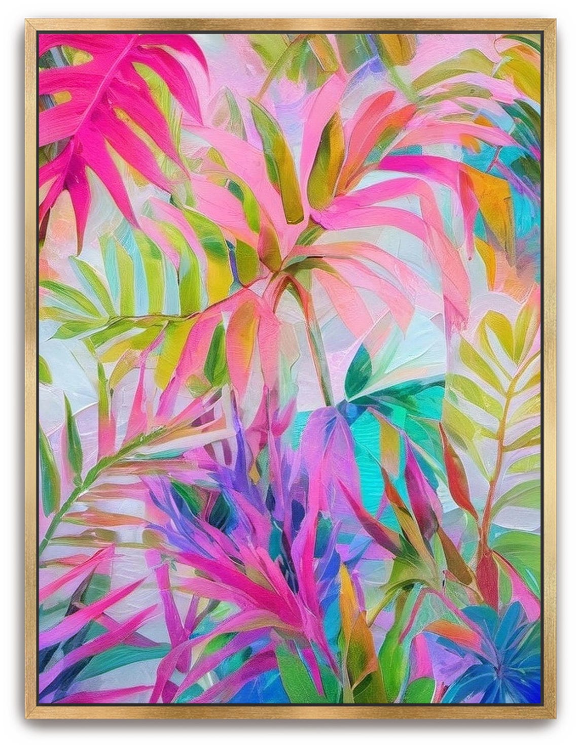 Hand Painted Abstract Acrylic Painting Large Artwork Wall Art Bright Rainbow Colorful Tropical Palm Leaves Textured Framed Decor - Image 3
