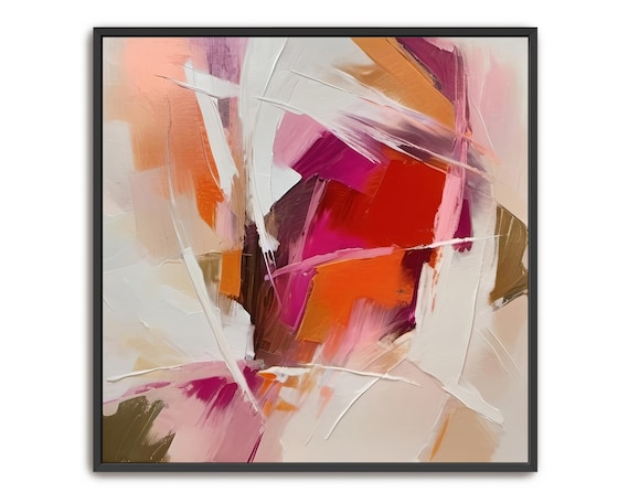 Hand Painted Abstract Acrylic Painting Large Artwork Wall Art Pink Red Magenta Orange Beige Brown White Purple Modern Framed Decor