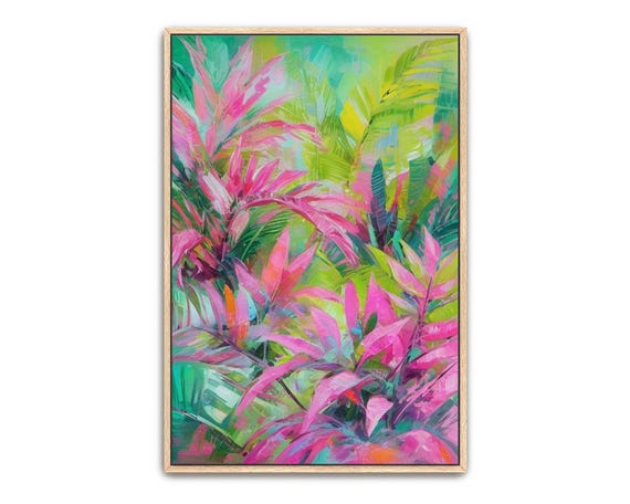 Hand Painted Abstract Acrylic Painting Large Artwork Wall Art Tropical Island Palm Leaves Colorful Pink Green Textured Framed Decor