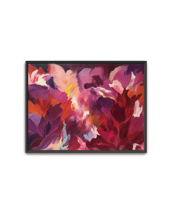 Hand Painted Abstract Art Acrylic Painting Large Wall Artwork Red Pink Magenta Fuchsia Coral Peach Orange Purple Yellow Framed Decor