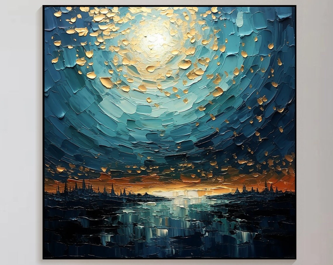 Blue Gold Sunset Ocean Swirl Impasto Dramatic Seascape Gold Poster