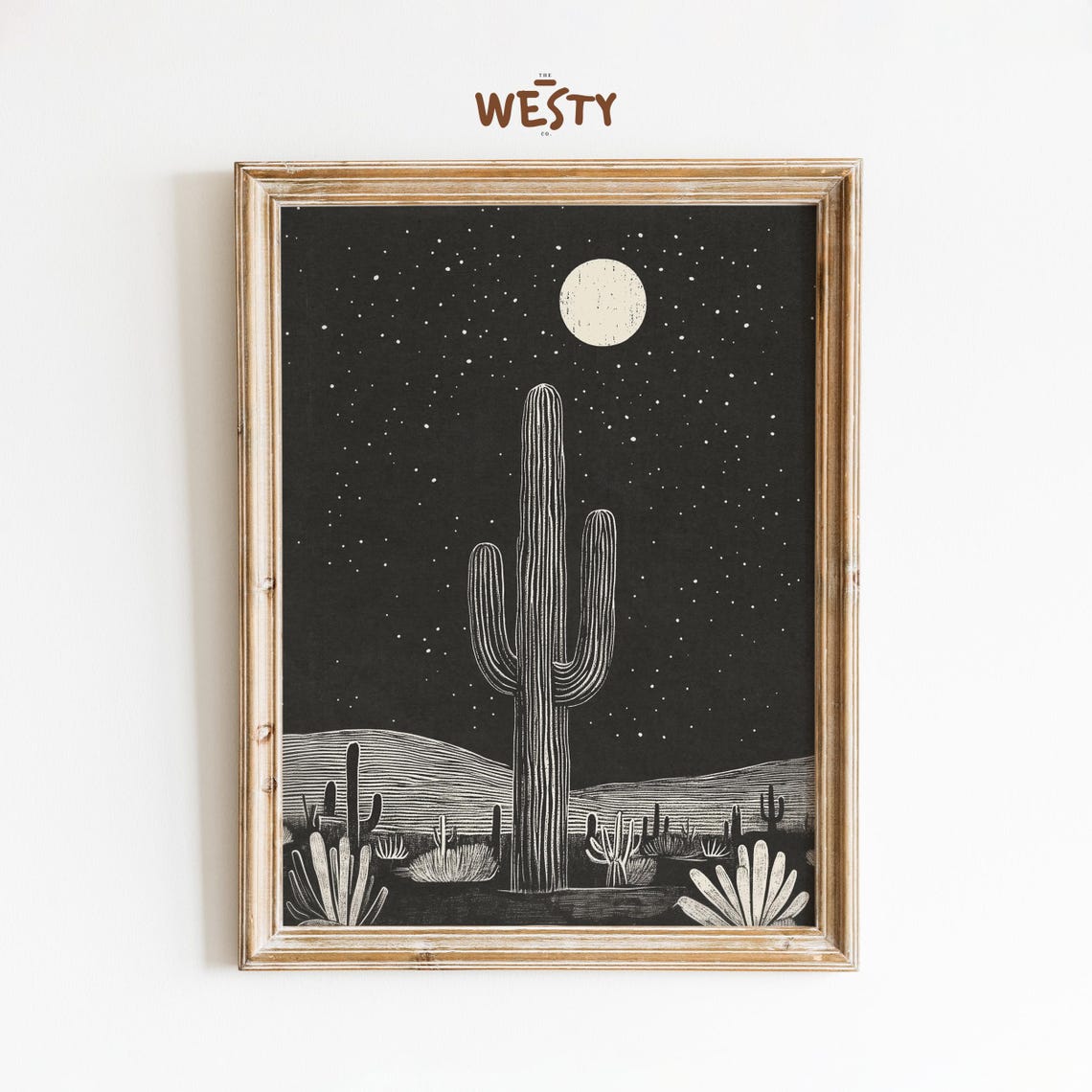 Moonlit Saguaro Cactus Desert Night Linocut Style Art Poster