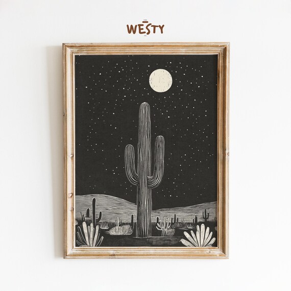 Moonlit Saguaro Cactus Desert Night Linocut Style Art Poster