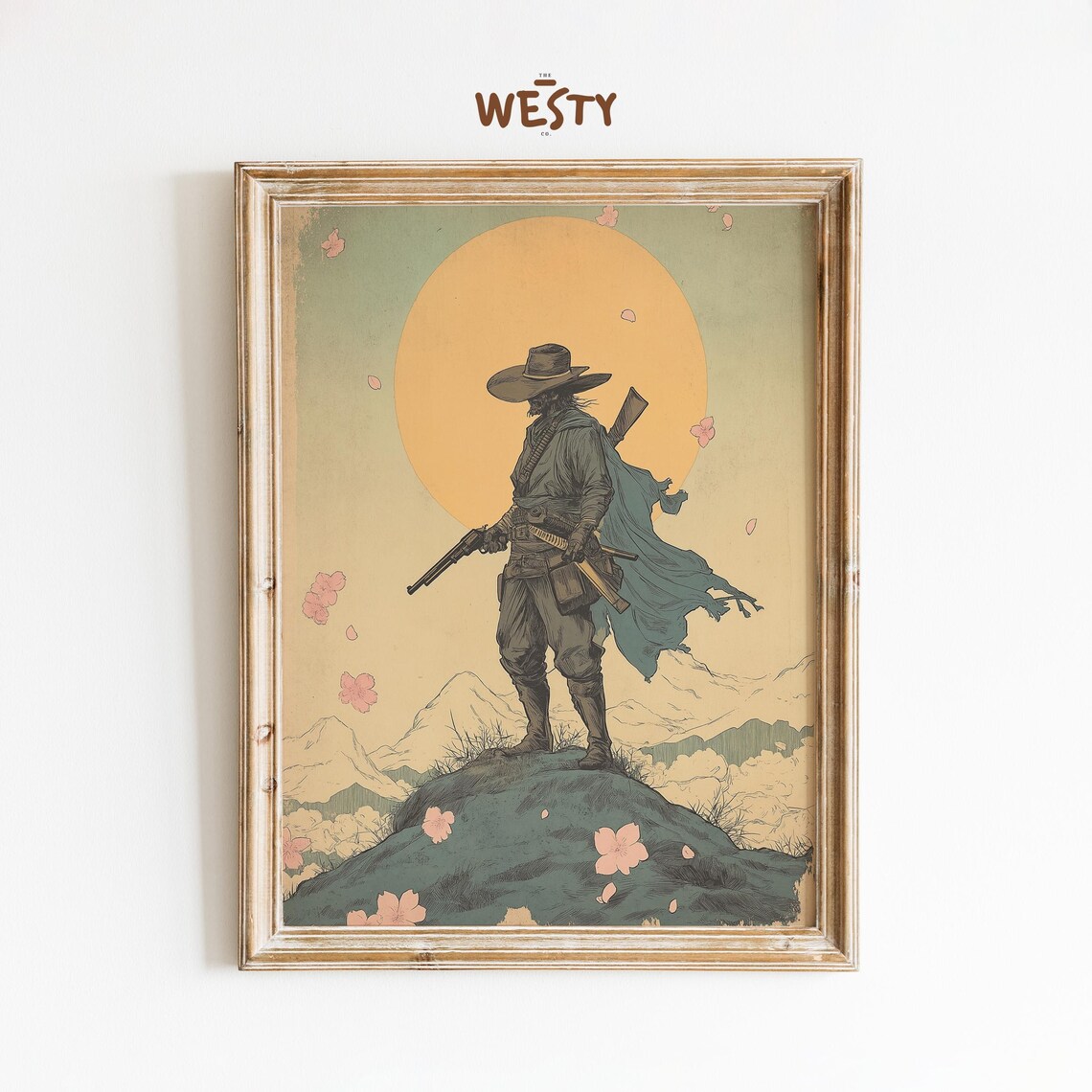 Lone Samurai Cowboy Fusion Cherry Blossom Sun Vintage Art Poster