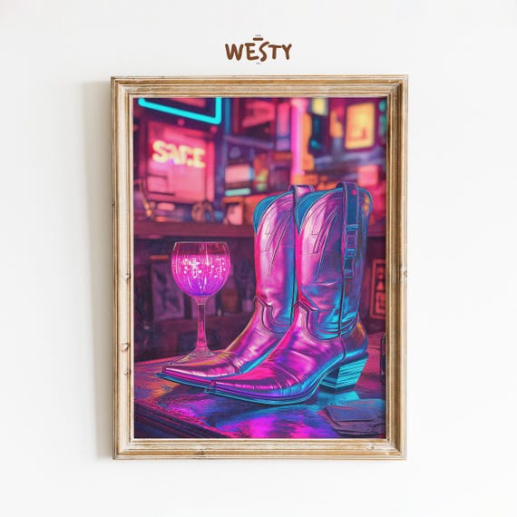 Neon Cowboy Boots Print Retro Western Bar Art Urban Country Decor