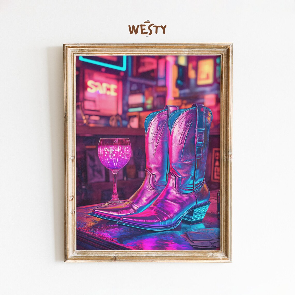 Neon Lit Cowboy Boots Retro Bar Disco Glass Nightlife Poster