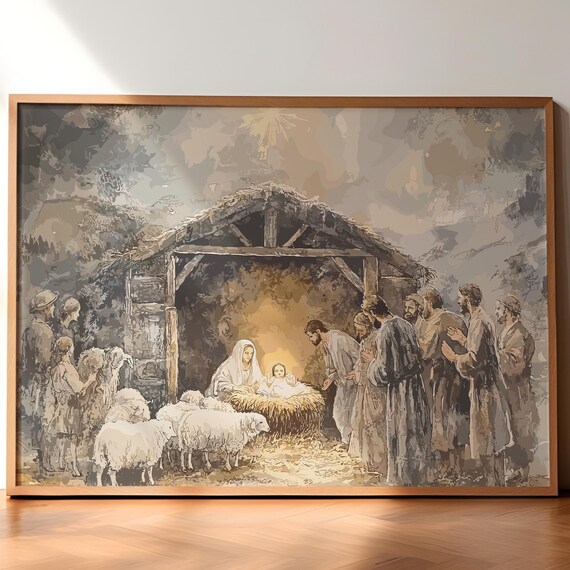 Nativity Scene With Shepherds Muted Watercolor Christian Poster
