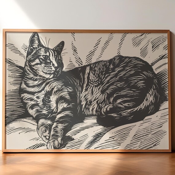 Lounging Tabby Cat Woodcut Style Vintage Pet Portrait Poster