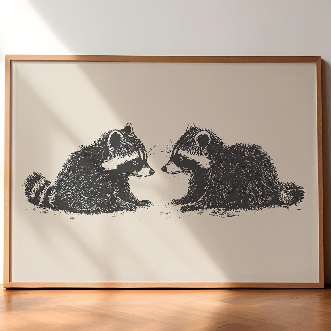 Two Playful Raccoons Facing Each Other Vintage Line Art Poster