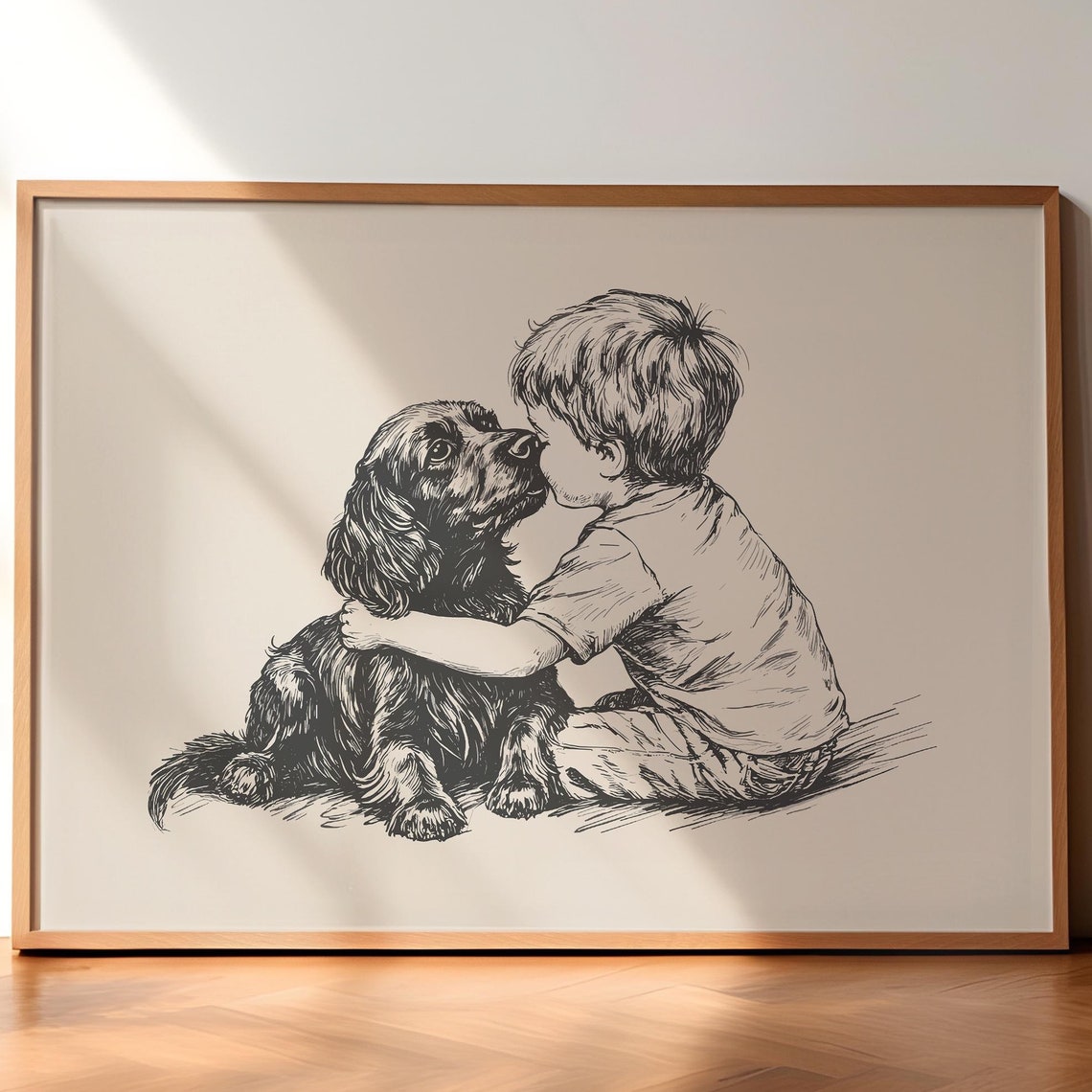 Boy And A Spaniel Art Dog Vintage Print Antique Vintage Painting Farmhouse Wall Decor Country Wall Art Dog Drawing Dog Wall Art