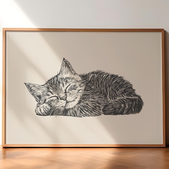Sleeping Tabby Cat Curled Up Cozy Vintage Line Sketch Poster