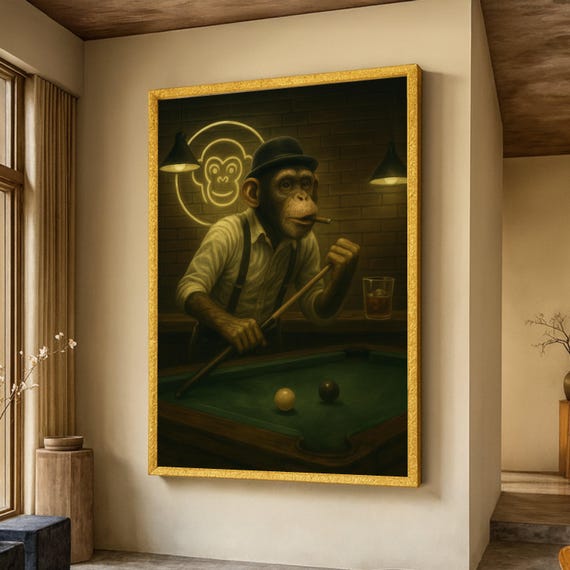 Vintage Monkey Playing Pool Canvas Wall Art Retro Bar Scene Animal Character Illustration Unique Home Decor Billiards Game Print