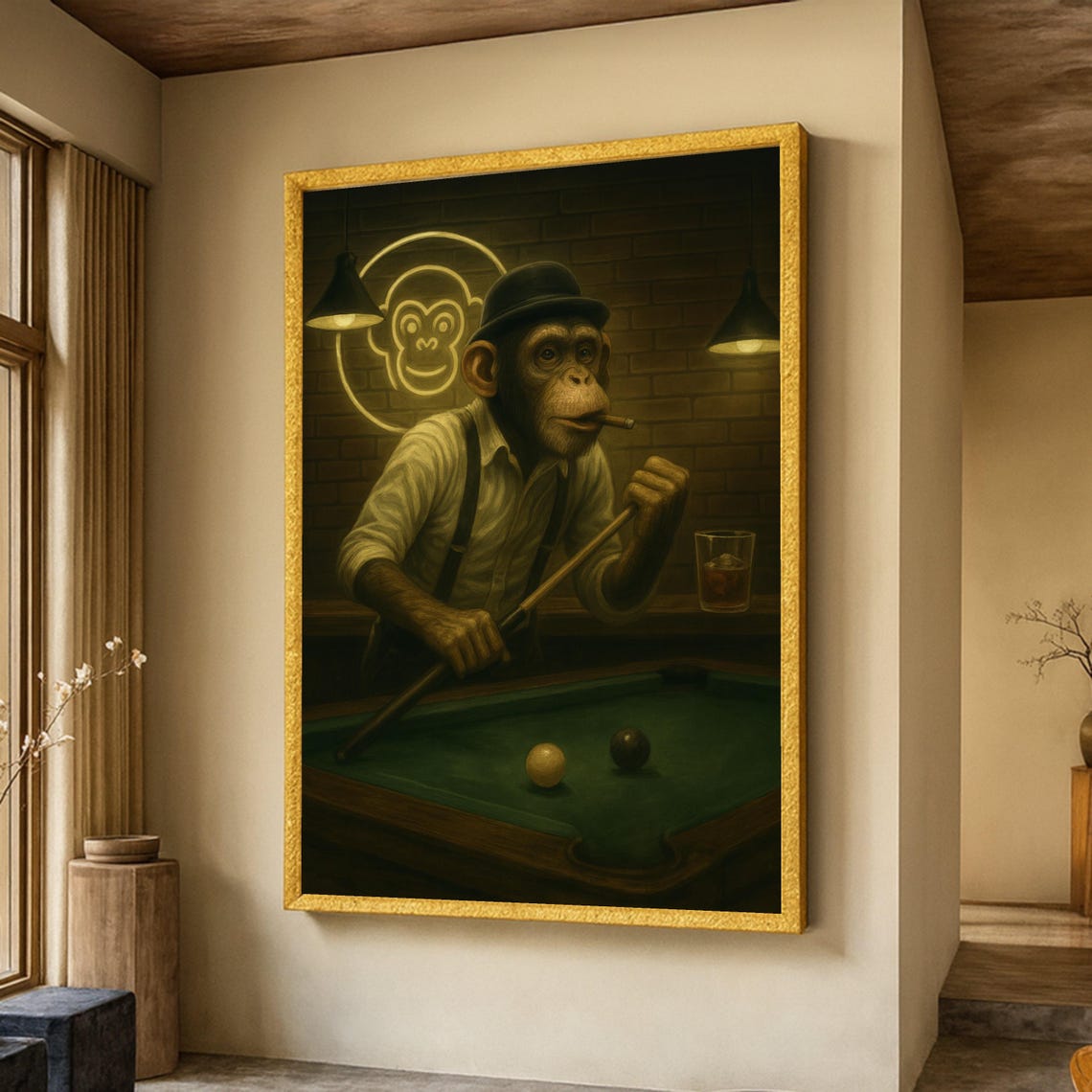 Vintage Monkey Playing Pool Cigar Bowler Hat Retro Bar Room Print