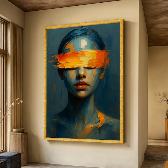Abstract Blue Woman Portrait Orange Brushstroke Modern Art Poster