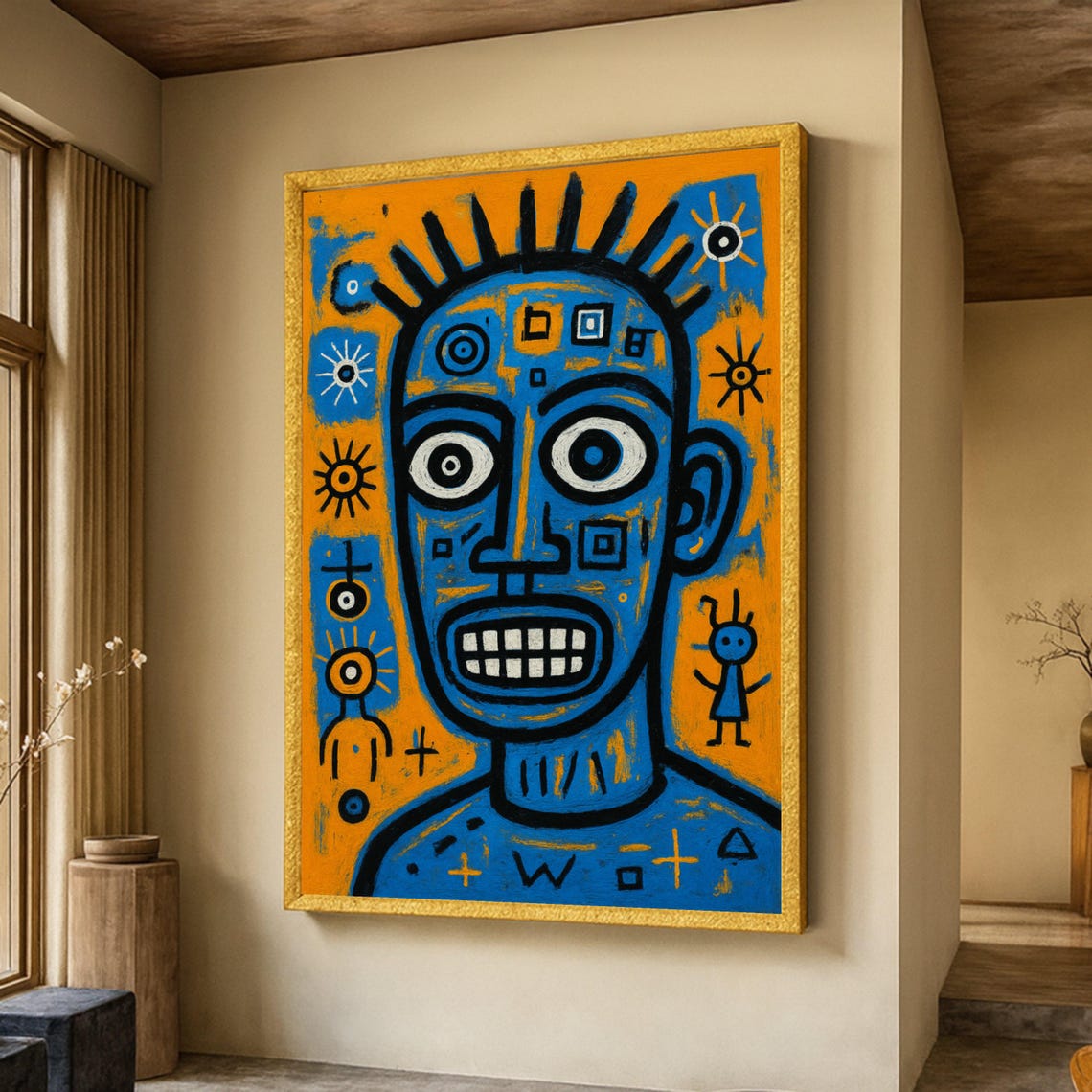 Bold Blue Orange Tribal Face Abstract Modern Painting Poster