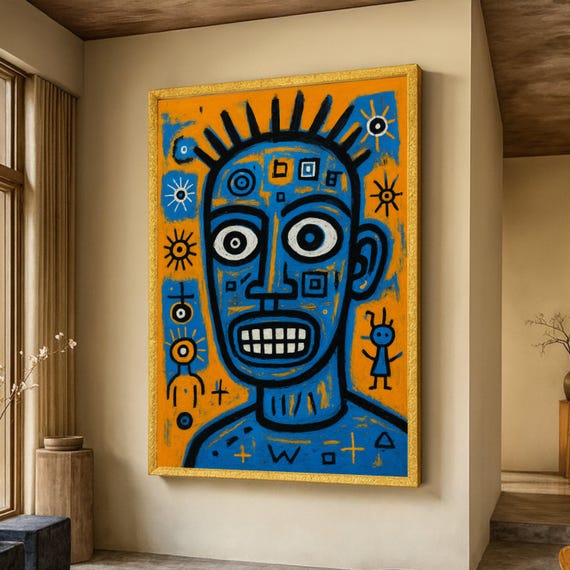 Abstract Tribal Face Canvas Wall Art Bold Blue And Orange Modern Painting Ethnic Home Decor Expressionist Portrait