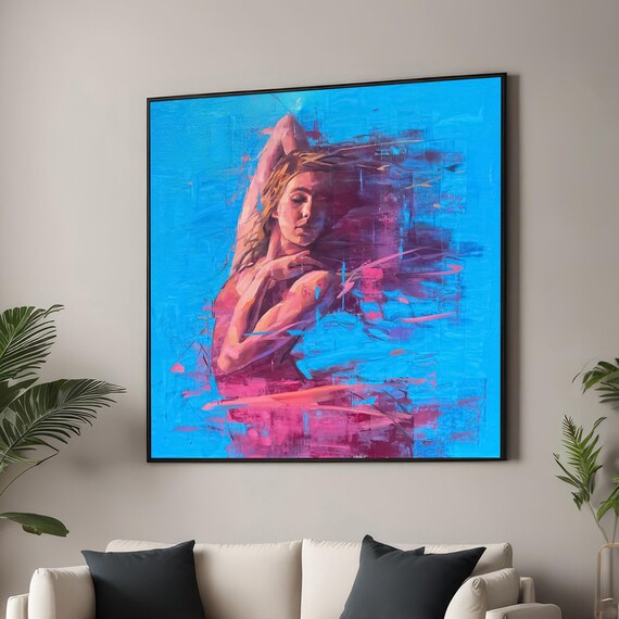 Serene Blue Dancer Canvas Print Abstract Fluid Art Modern Dance Wall Decor For Home Vibrant And Pink Palette