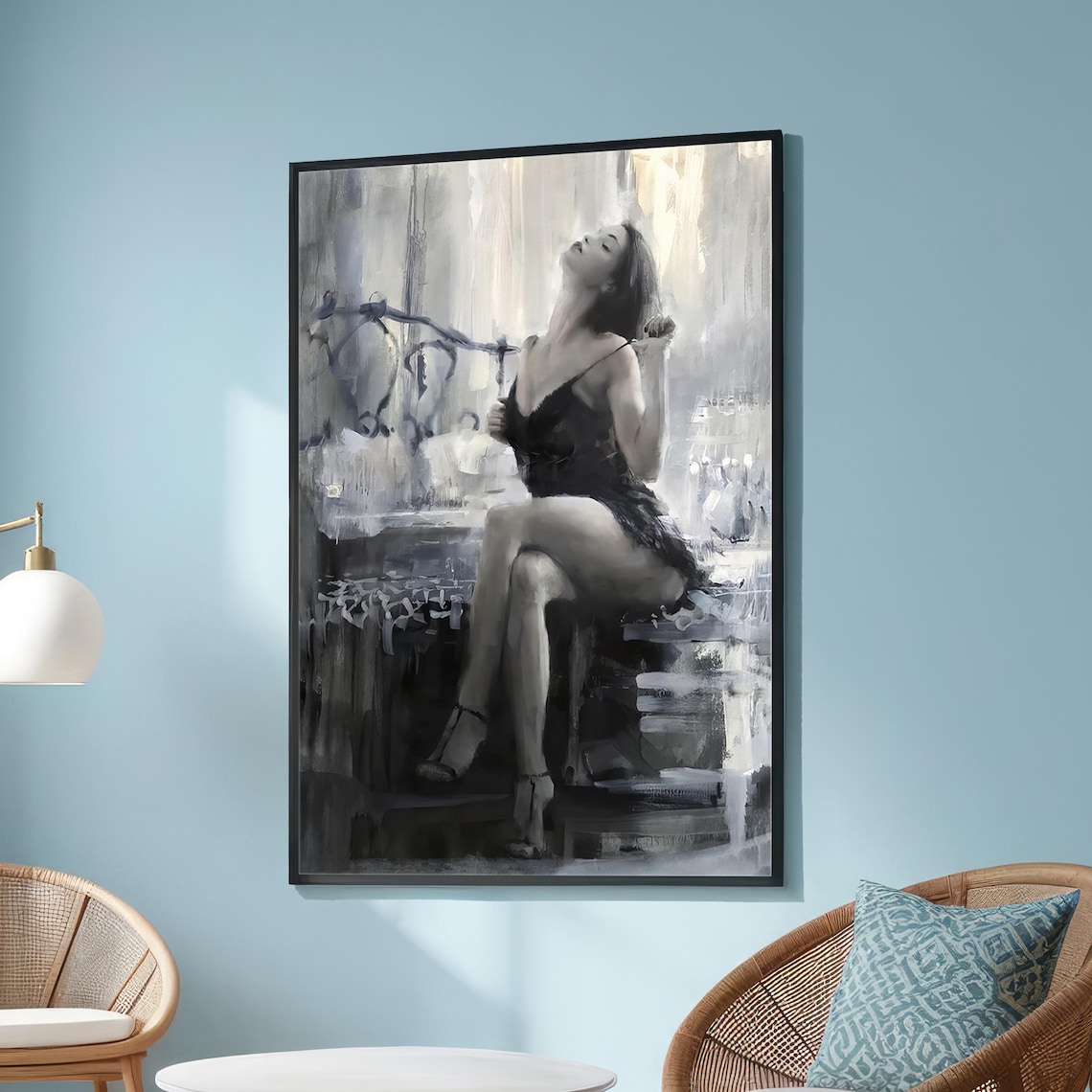 Elegant Woman in Black Lace, Monochromatic Realism
