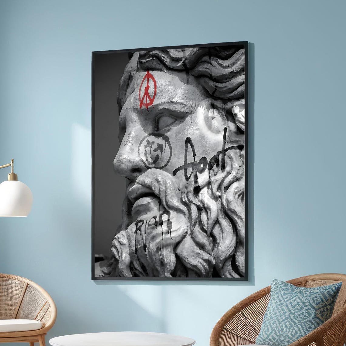 Classical Bearded Statue With Graffiti Peace Symbol Street Art Poster