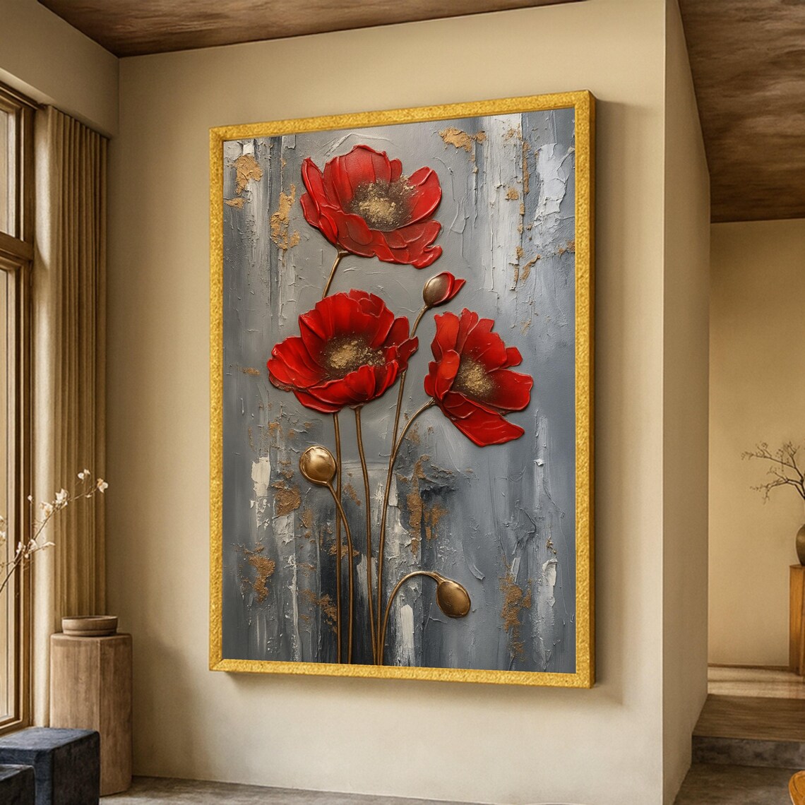Red Poppies Floral Painting, Modern Botanical Art Print