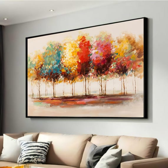 Colorful Forest Abstract Canvas Print Vibrant Trees In Autumn Landscape Modern Nature Wall Art For Bright And Contemporary Home Decor