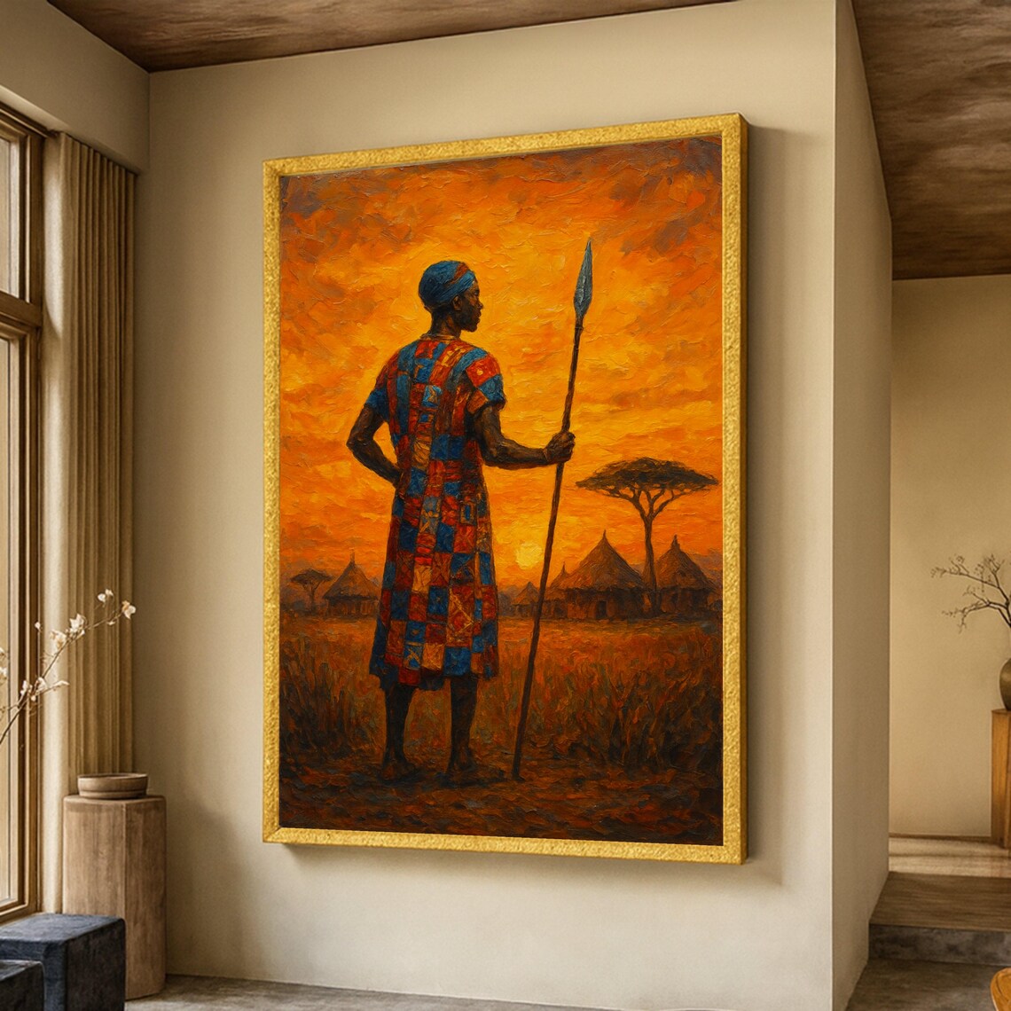 African Tribal Warrior Spear Silhouette Sunset Savanna Village Poster