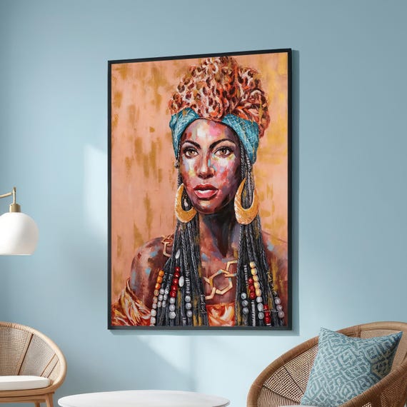 Bold African Woman With Headdress Colorful Cultural Portrait Art Vibrant Wall Decor For Eclectic Homes