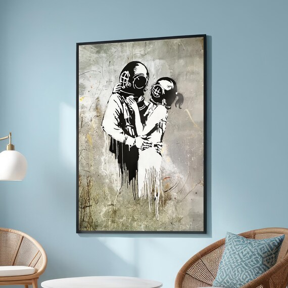 Diving Helmet Embrace Tender Street Art Graffiti Black And White Urban Love Surreal Minimalist Modern Industrial Wall Decor